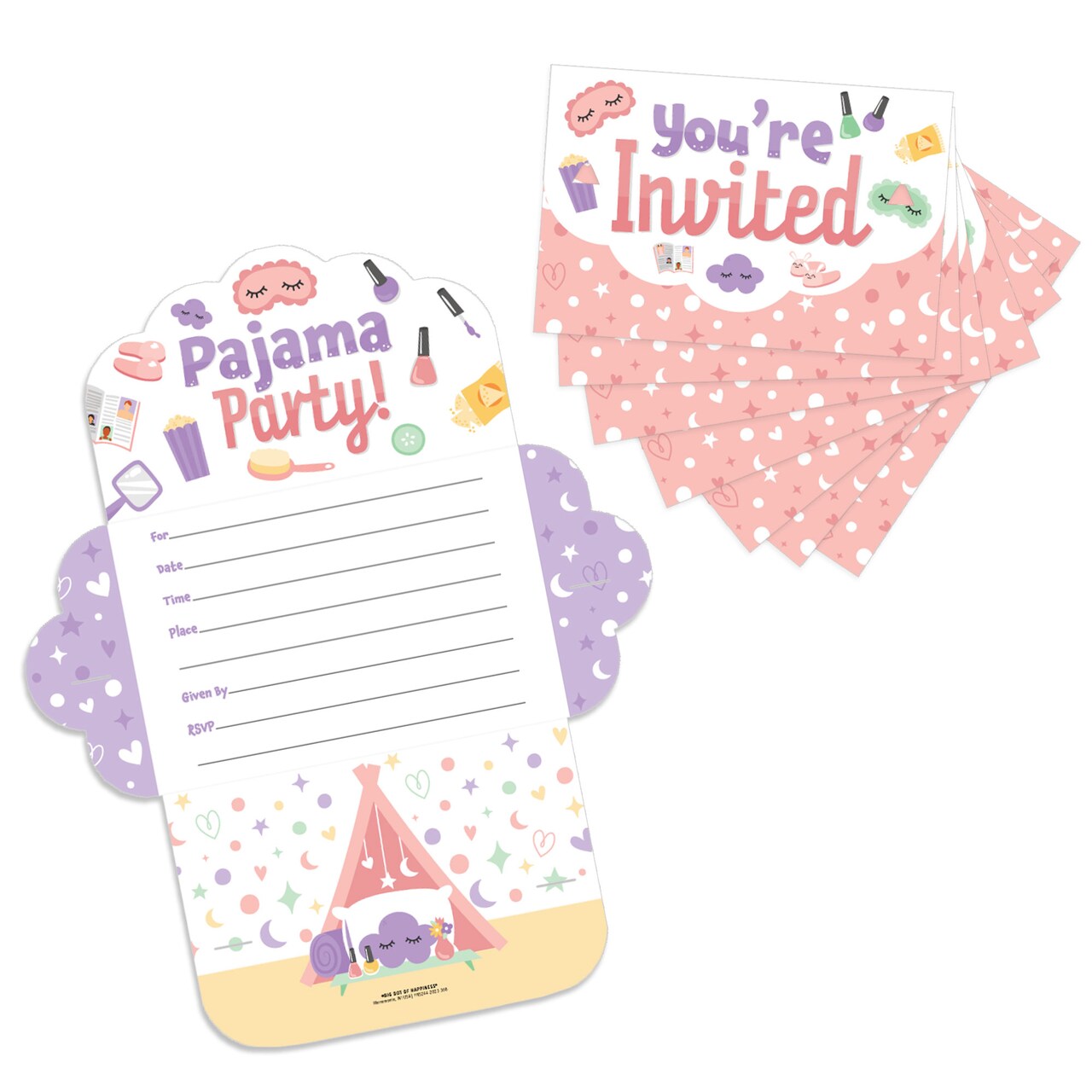 Big Dot of Happiness Pajama Slumber Party - Fill-In Cards - Girls Sleepover Birthday Party Fold and Send Invitations - Set of 8
